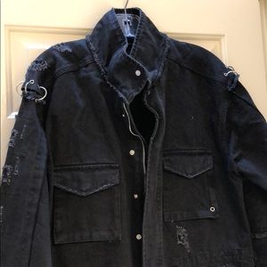 Distressed denim jacket (hip length)
